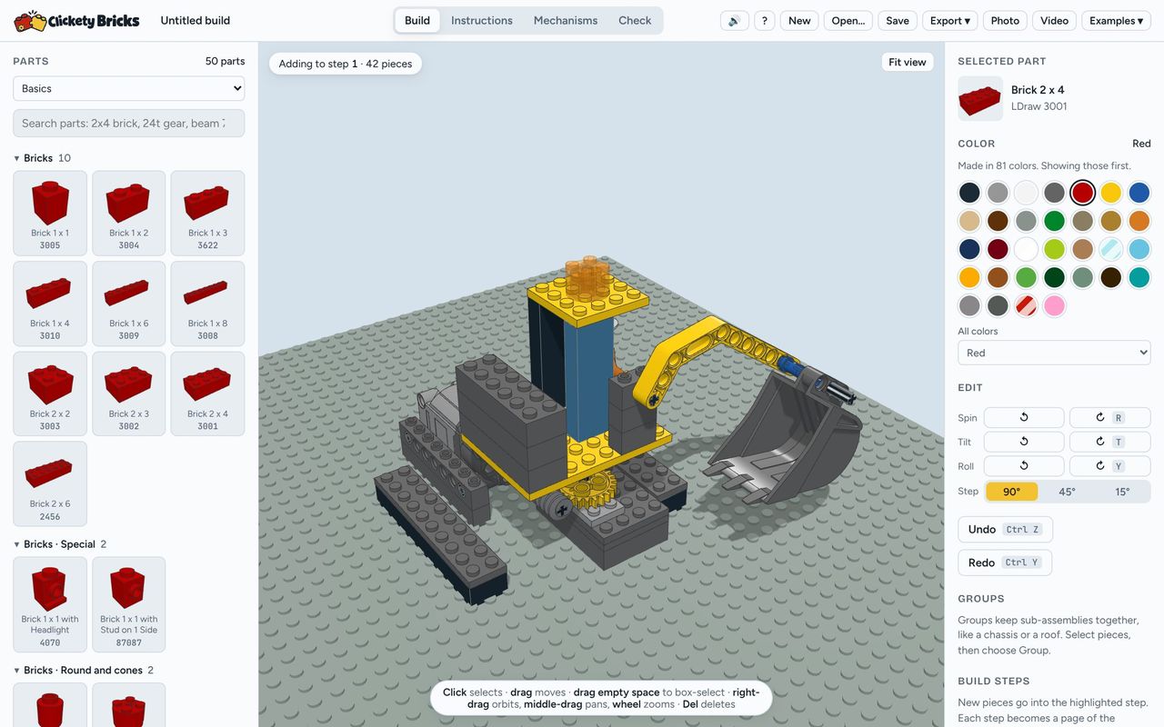 The Clickety Bricks builder: a brick-built excavator, the parts list on the left and the colours on the right