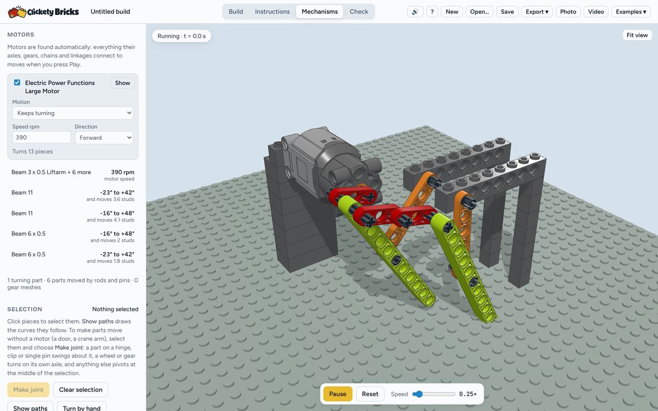 A brick-built walking machine running in the Mechanisms tab, with speeds and angles for each part